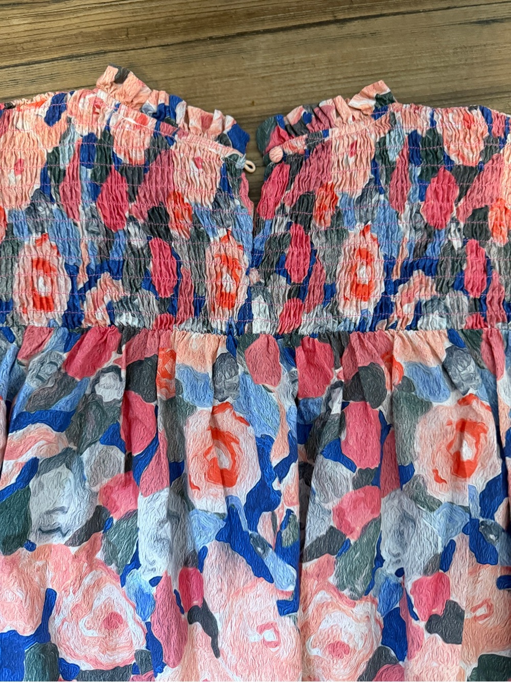 Smocked Floral Short Sleeve Blouse - Pink & Blue - Picture 6 of 8